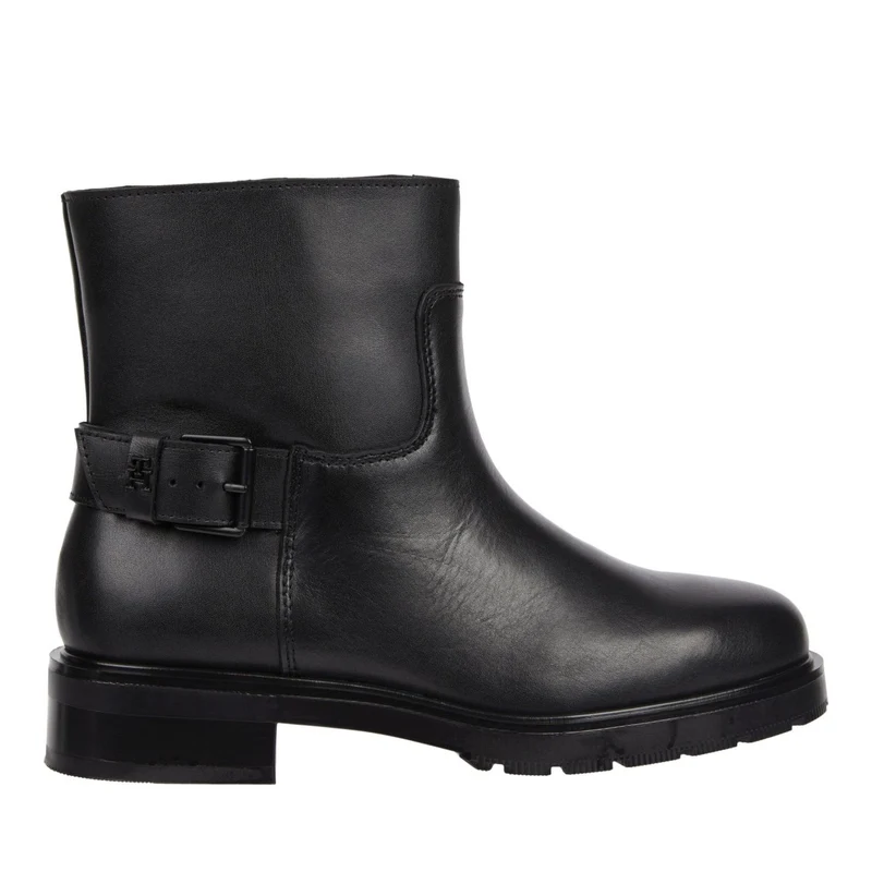Tommy Hilfiger Black Monochromatic Decorative Strap Leather Boots EU 38