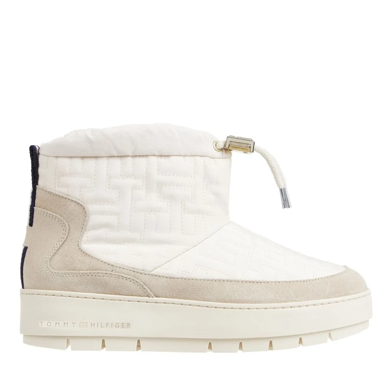 Tommy Hilfiger White Monogram Quilted Drawstring Suede Boots EU 39