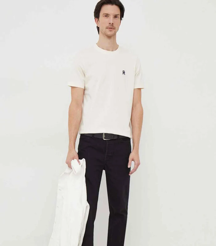 Tommy Hilfiger - Men's Monogram Embroidery Crew Neck T-Shirt Light Beige / S