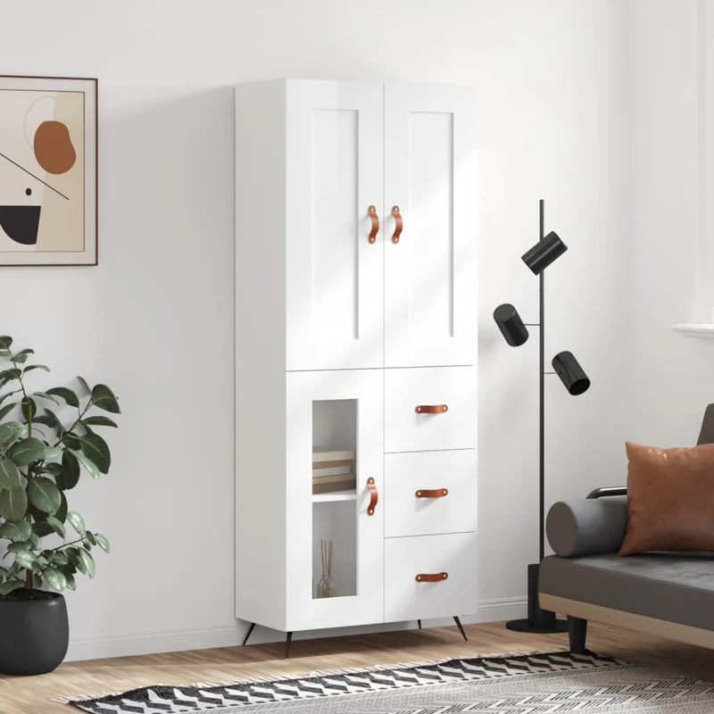 Kaappi korkeakiilto valkoinen 69,5x34x180 cm tekninen puu