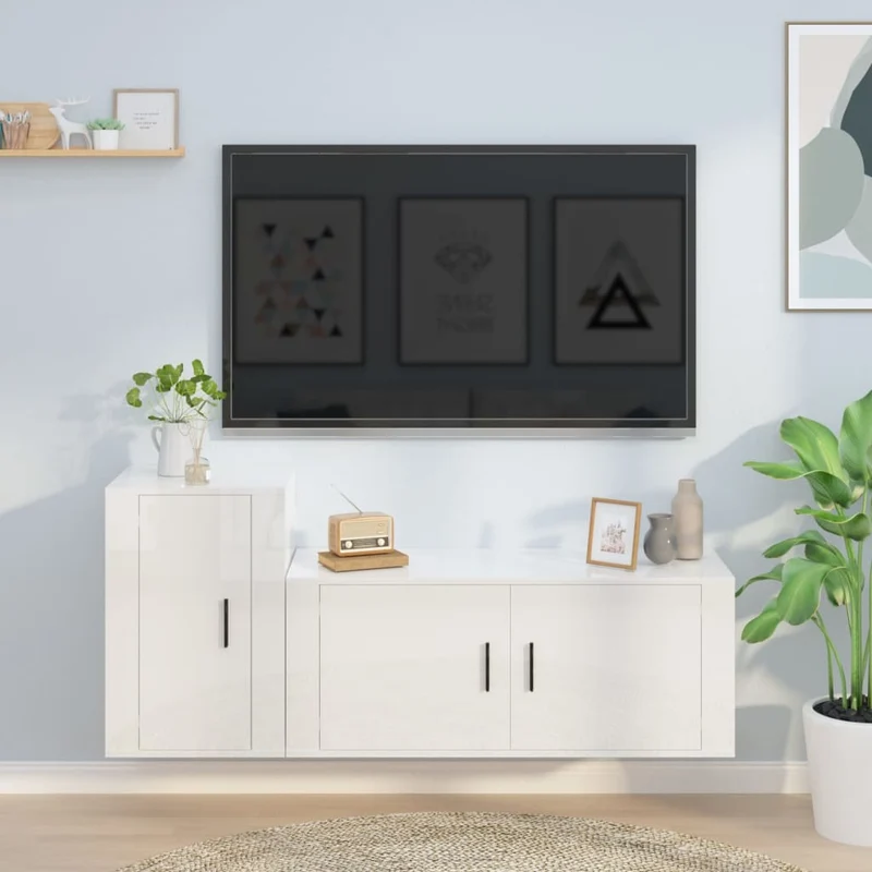 2-osainen TV-kaappisarja korkeakiilto valkoinen tekninen puu