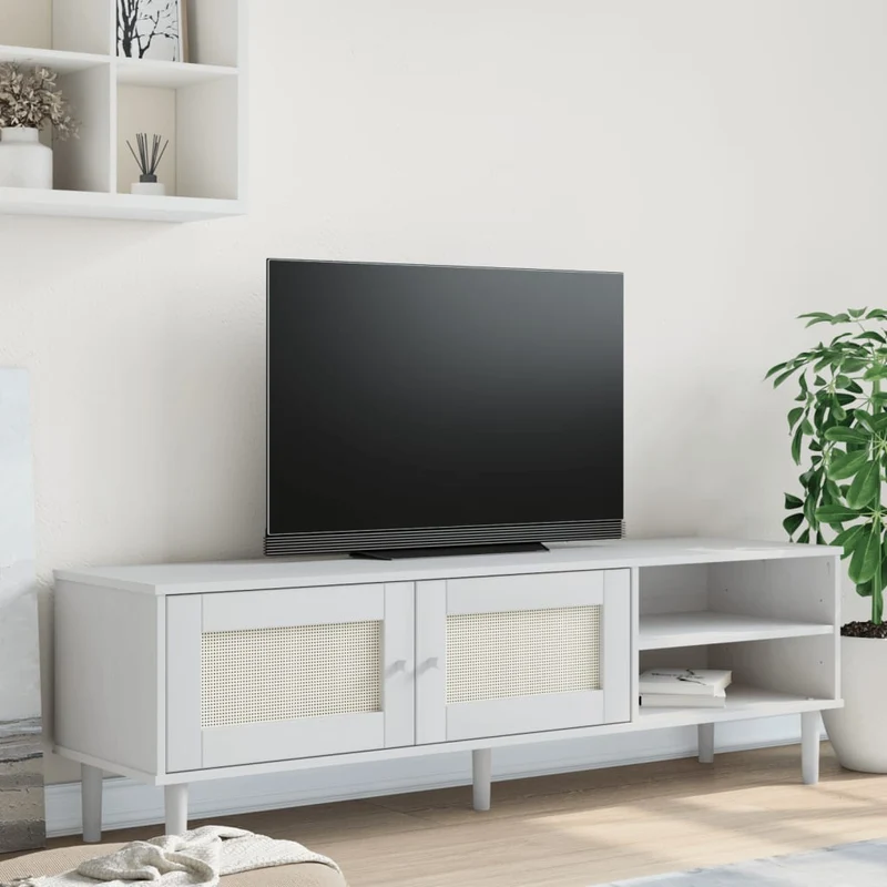 TV-taso SENJA rottinkityyli valkoinen 158x40x49 cm täysi mänty