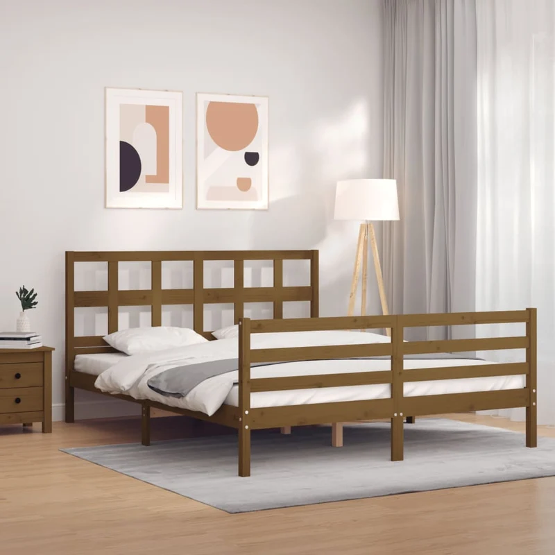 Sängynrunko päädyllä hunajanruskea King Size täysi puu