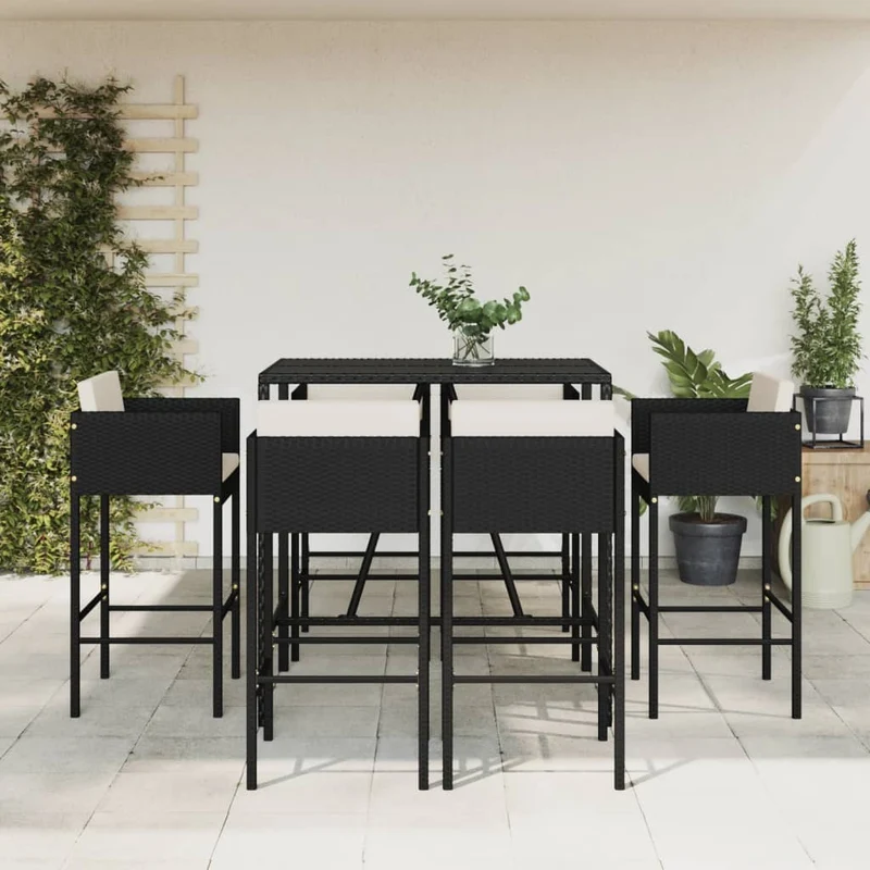 7-osainen Ulkobaarisarja tyynyillä musta polyrottinki