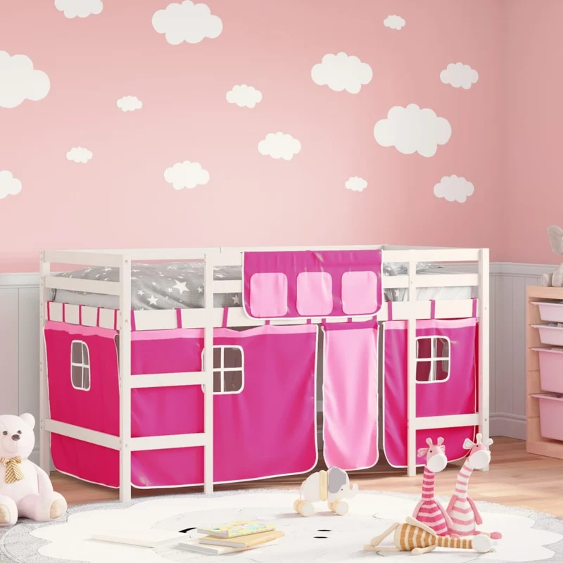 Lasten parvisänky verhoilla pinkki 80x200 cm täysi mänty