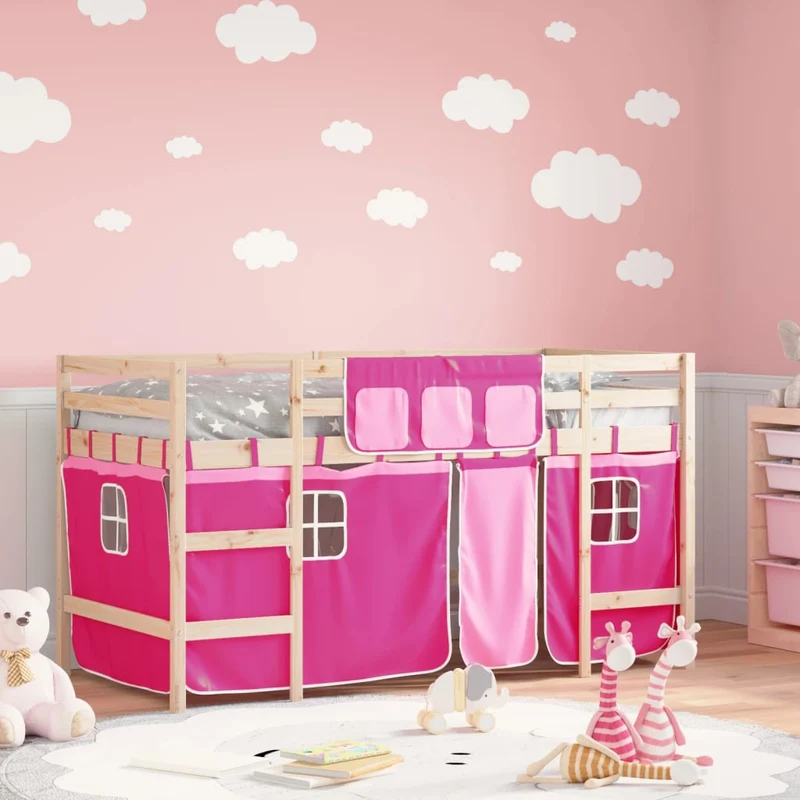 Lasten parvisänky verhoilla pinkki 90x190 cm täysi mänty