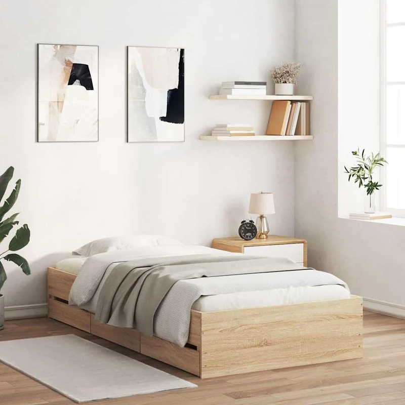 Sängynrunko laatikoilla Sonoma-tammi 90x200 cm tekninen puu