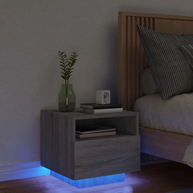 Yöpöytä LED-valoilla harmaa Sonoma 40x39x37 cm