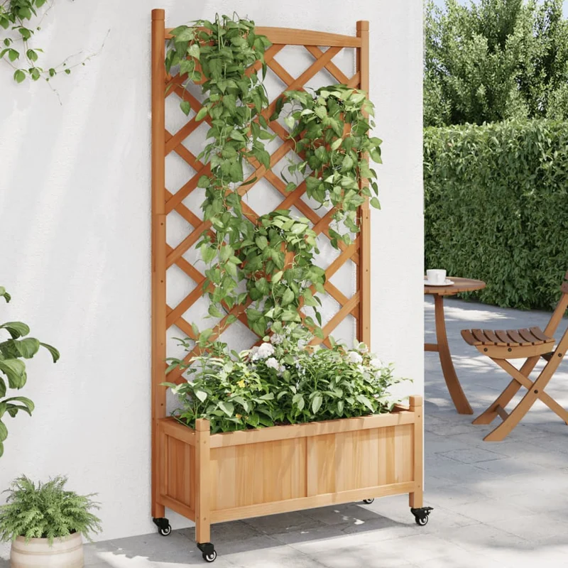 Plantenbak met latwerk wielen 75x35x157,5 cm massief vurenhout bruin