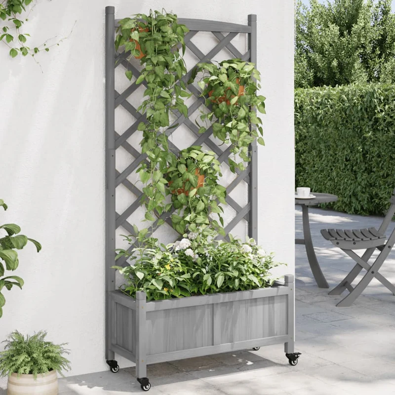 Plantenbak met latwerk wielen 75x35x157.5 cm grijs vurenhout