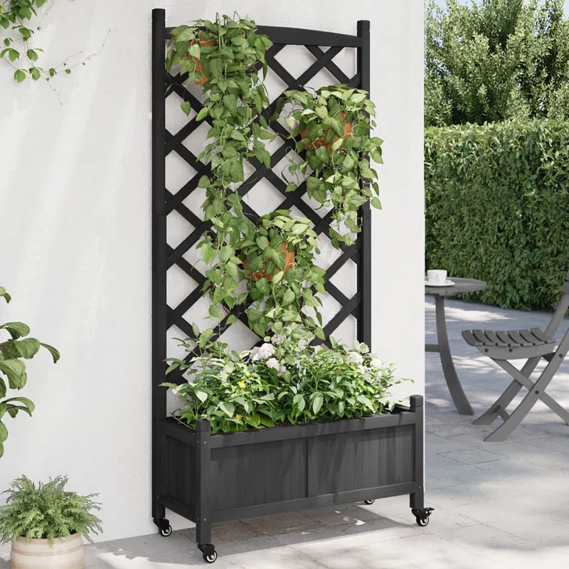 Plantenbak met latwerk wielen 75x35x157.5 cm massief vurenhout zwart