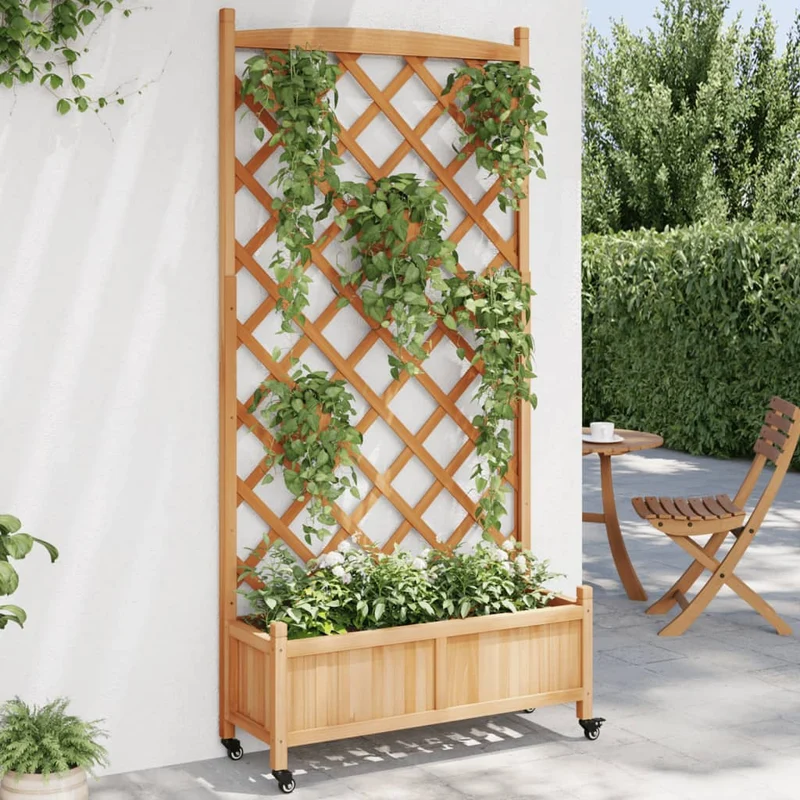 Plantenbak met latwerk en wielen 90x35x187,5 cm massief vurenhout bruin