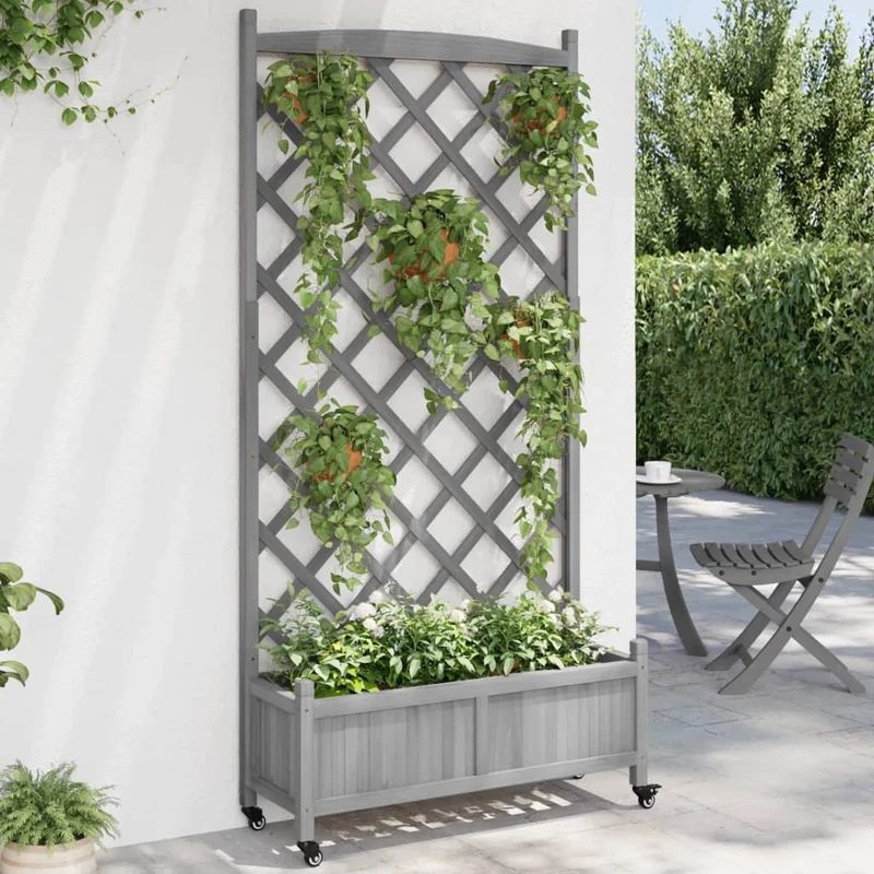 Plantenbak met latwerk wielen massief vurenhout grijs 90x35x187,5 cm