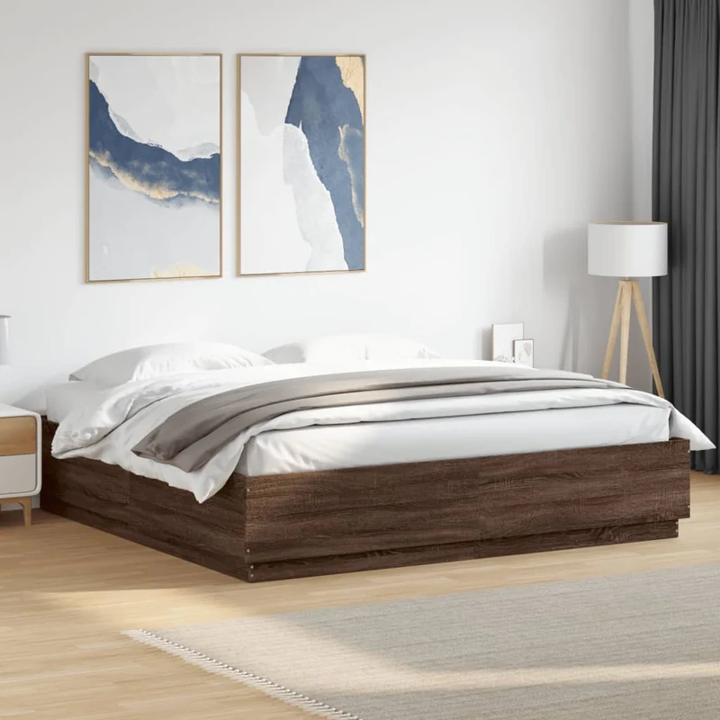 Sängynrunko LED-valoilla ruskea tammi 180x200 cm tekninen puu