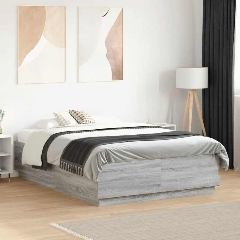 Sängynrunko LED-valoilla harmaa Sonoma 140x190 cm tekninen puu