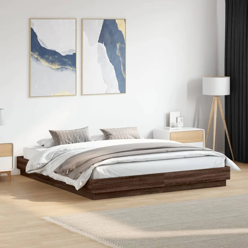 Sängynrunko LED-valoilla ruskea tammi 200x200 cm