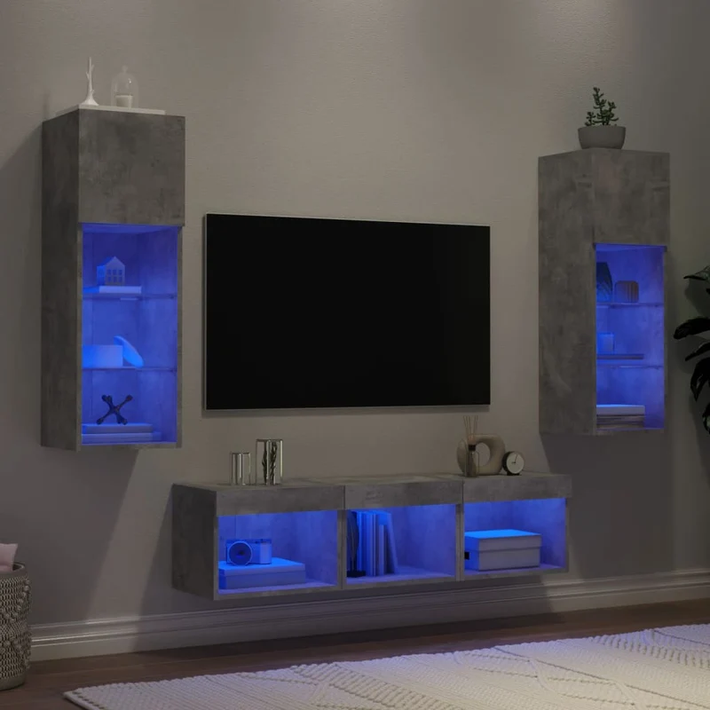 5-osainen LED TV-kaappisarja betoninharmaa tekninen puu