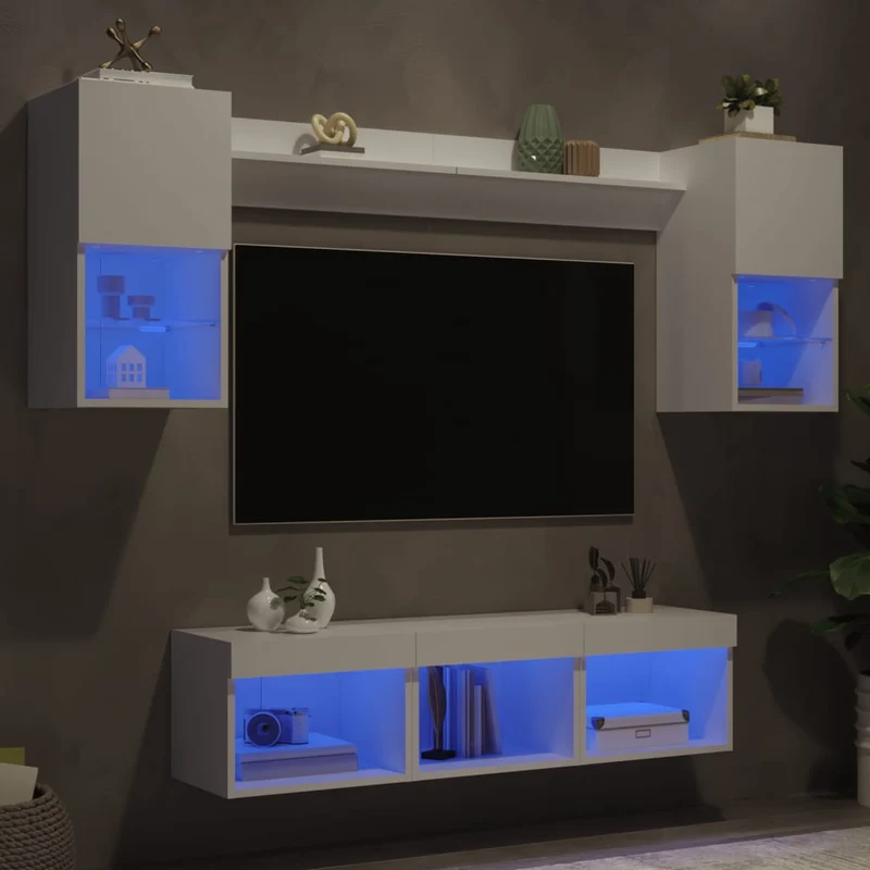7-osainen TV-kaappisarja LED-valoilla valkoinen tekninen puu