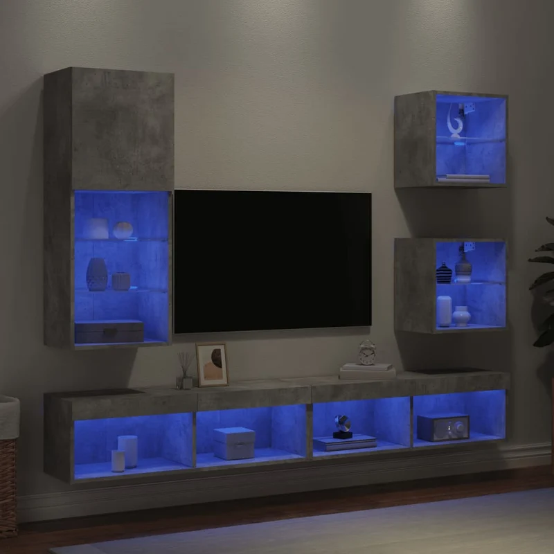 5-osainen LED TV-kaappisarja betoninharmaa tekninen puu