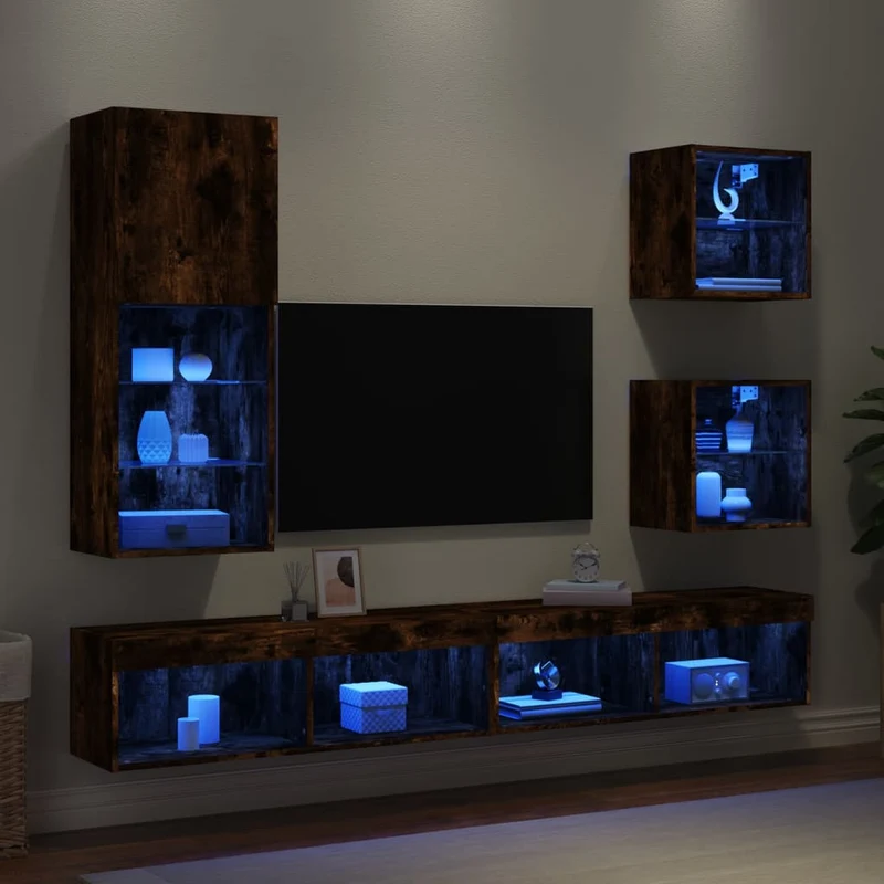 5-osainen LED TV-kaappisarja savutammi tekninen puu