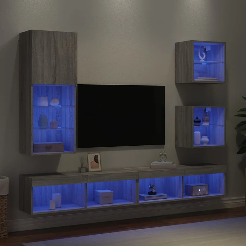 5-osainen LED TV-kaappisarja harmaa Sonoma tekninen puu