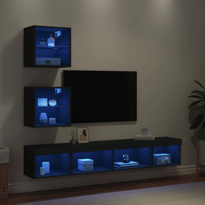5-osainen LED TV-kaappisarja musta tekninen puu