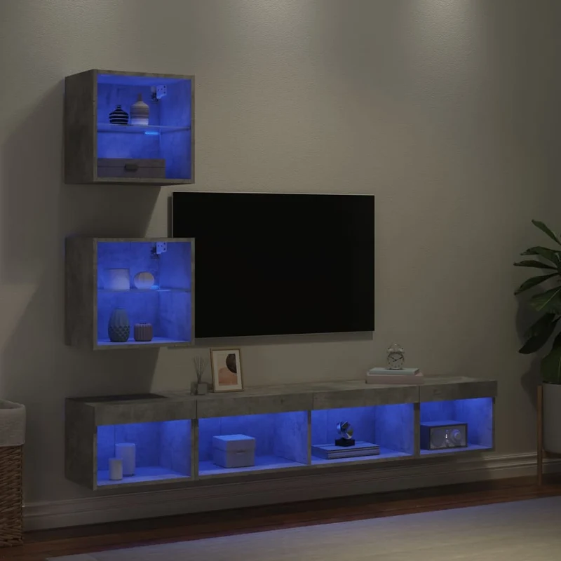 5-osainen LED TV-kaappisarja betoninharmaa tekninen puu