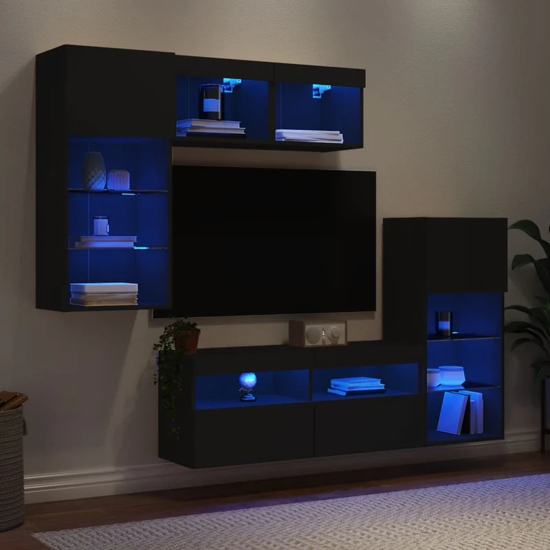 5-osainen LED TV-kaappisarja musta tekninen puu