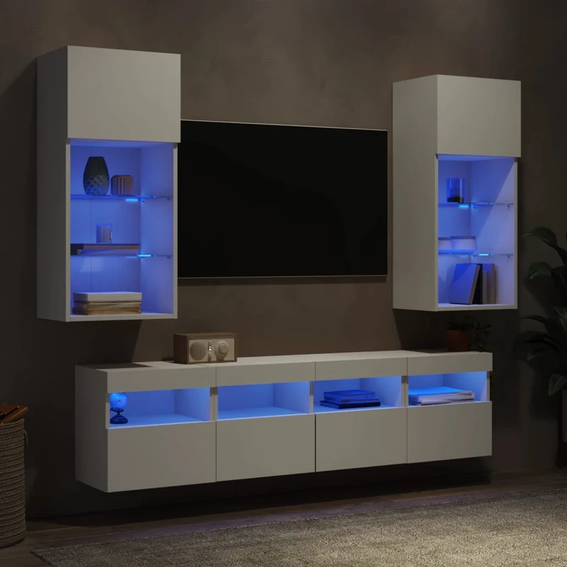Tv-wandmeubelset 5-delig wit bewerkt hout met led