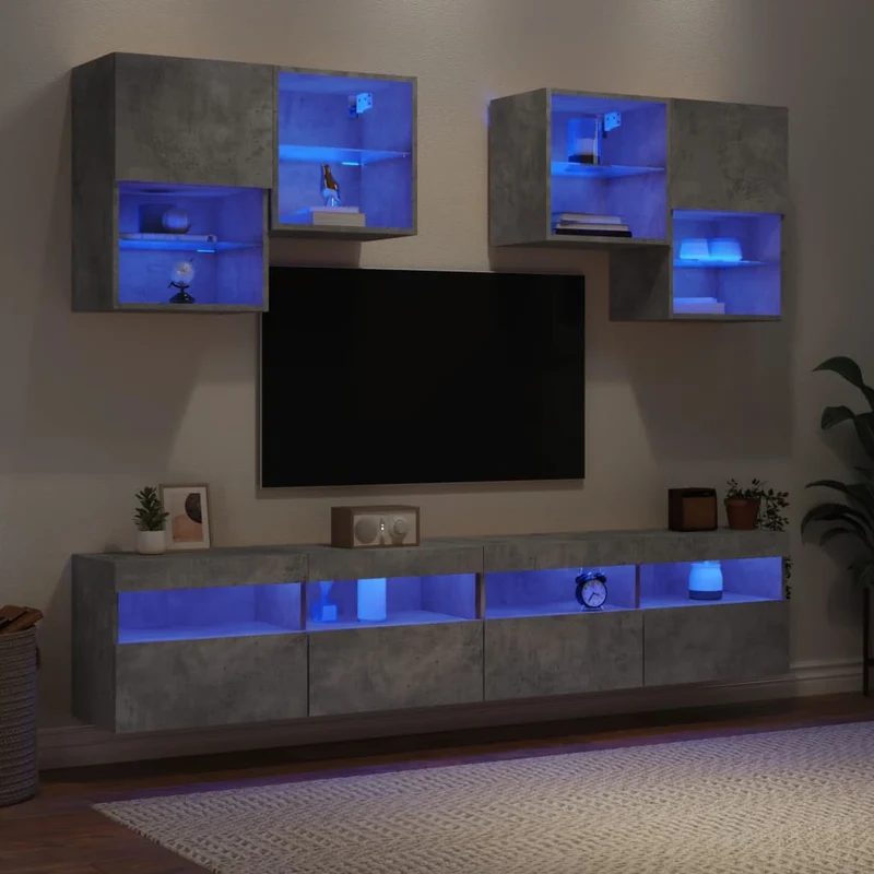 6-osainen TV-seinäkaappisarja LED-valoilla betoninharmaa
