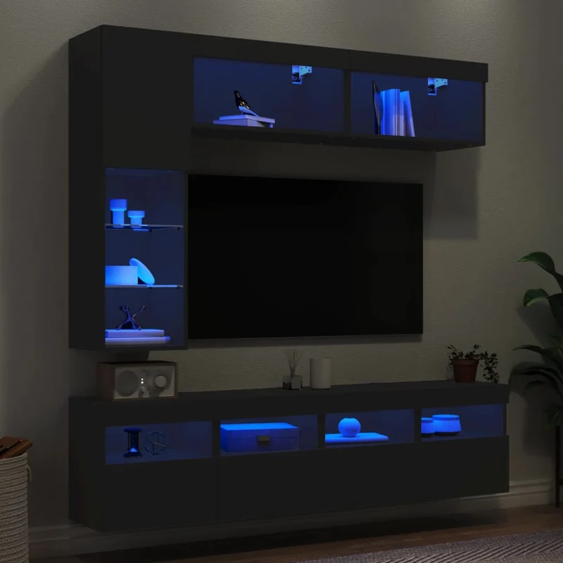 7-osainen TV-seinäkaappisarja LED-valoilla musta