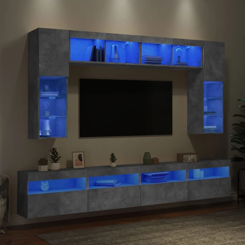 Tv-wandmeubelset 8-delig met led betongrijs