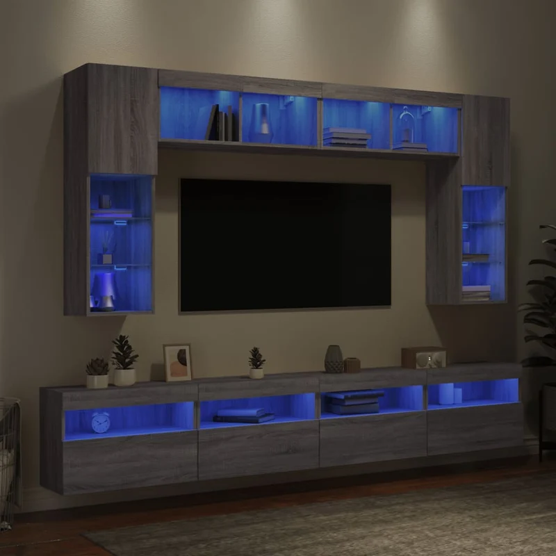 8-osainen TV-seinäkaappisarja LED-valoilla harmaa Sonoma
