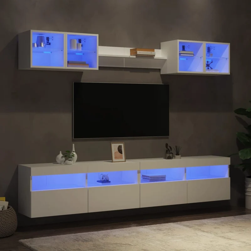 8-osainen TV-seinäkaappisarja LED-valoilla valkoinen