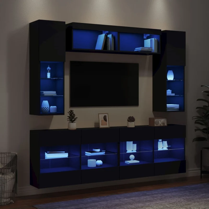 6-osainen TV-seinäkaappisarja LED-valoilla musta