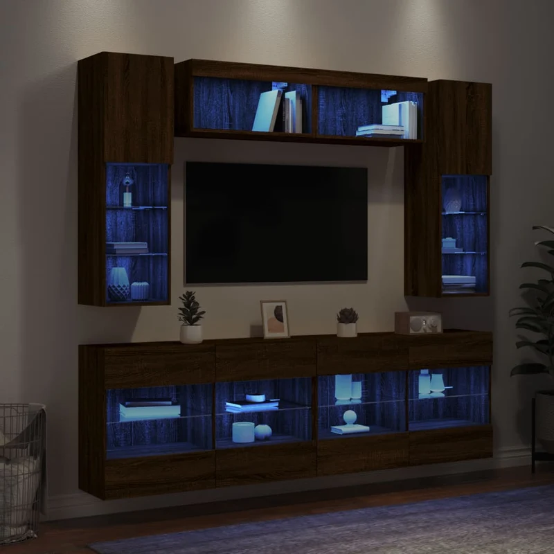 6-osainen TV-seinäkaappisarja LED-valoilla ruskea tammi