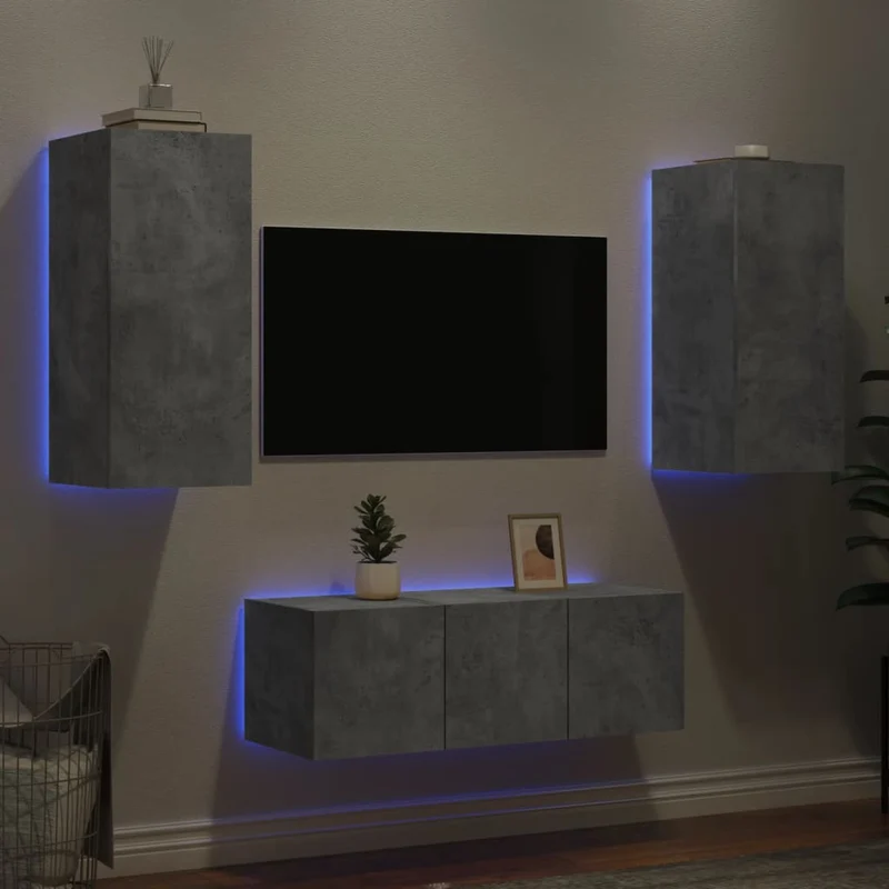 4-osainen LED TV-kaappisarja betoninharmaa tekninen puu