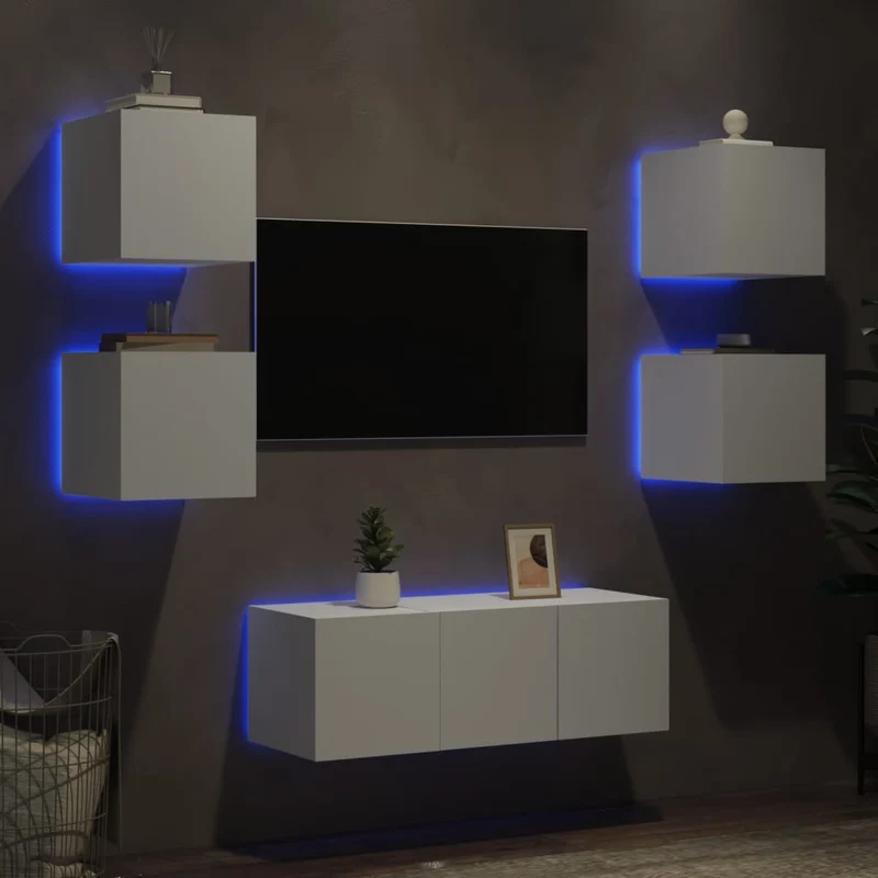 6-osainen LED TV-kaappisarja valkoinen tekninen puu