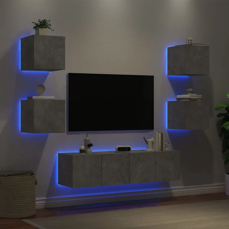 6-osainen LED TV-kaappisarja betoninharmaa tekninen puu