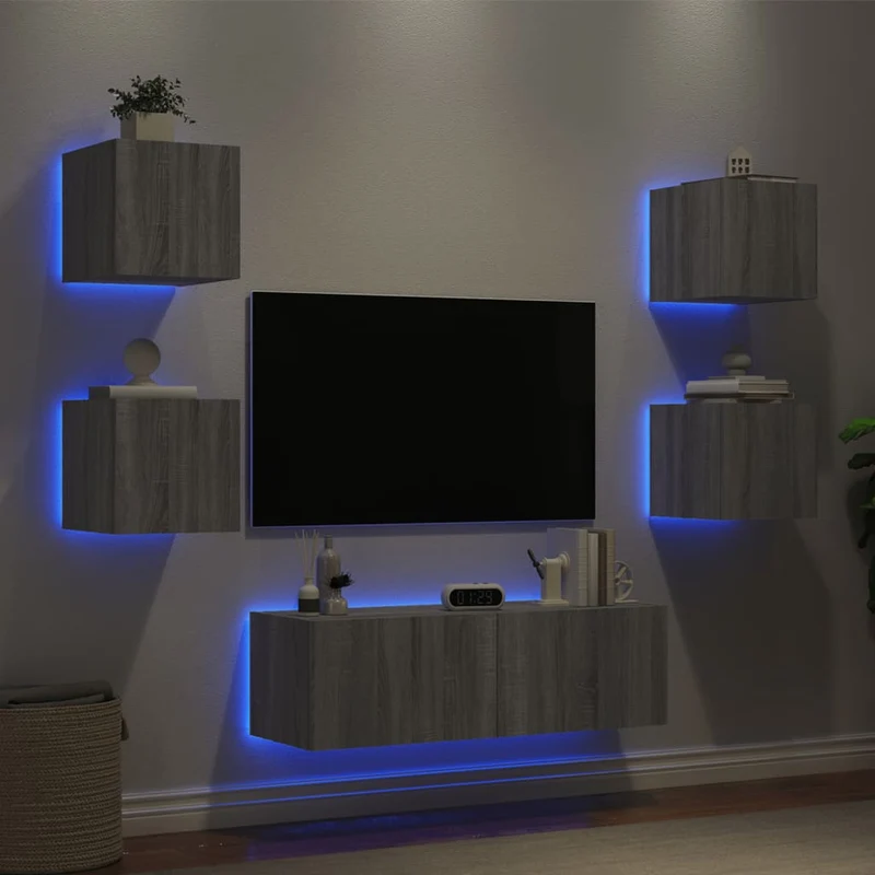 5-osainen TV-seinäkaappisarja LED-valoilla harmaa Sonoma