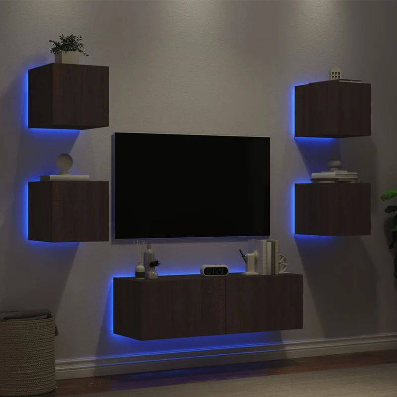 5-osainen TV-seinäkaappisarja LED-valoilla ruskea tammi