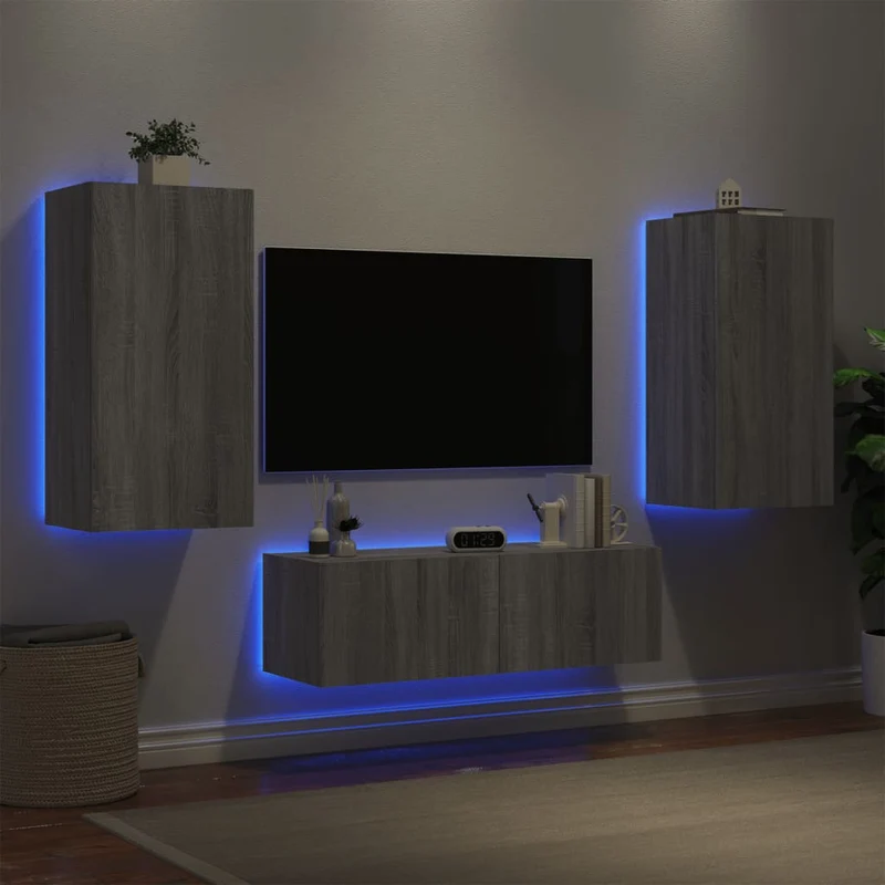 3-osainen TV-seinäkaappisarja LED-valoilla harmaa Sonoma
