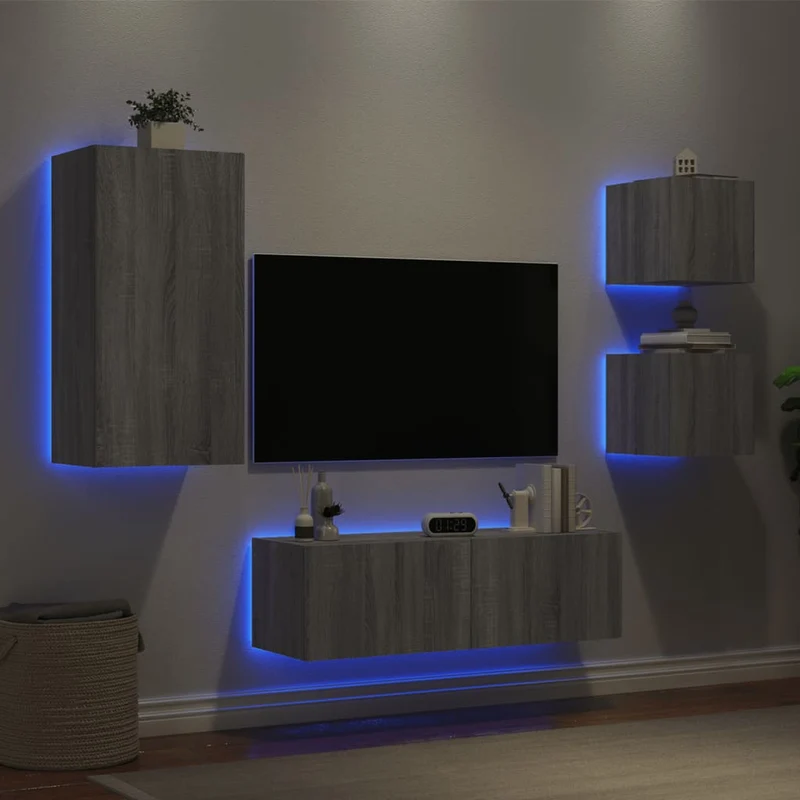 4-osainen TV-seinäkaappisarja LED-valoilla harmaa Sonoma