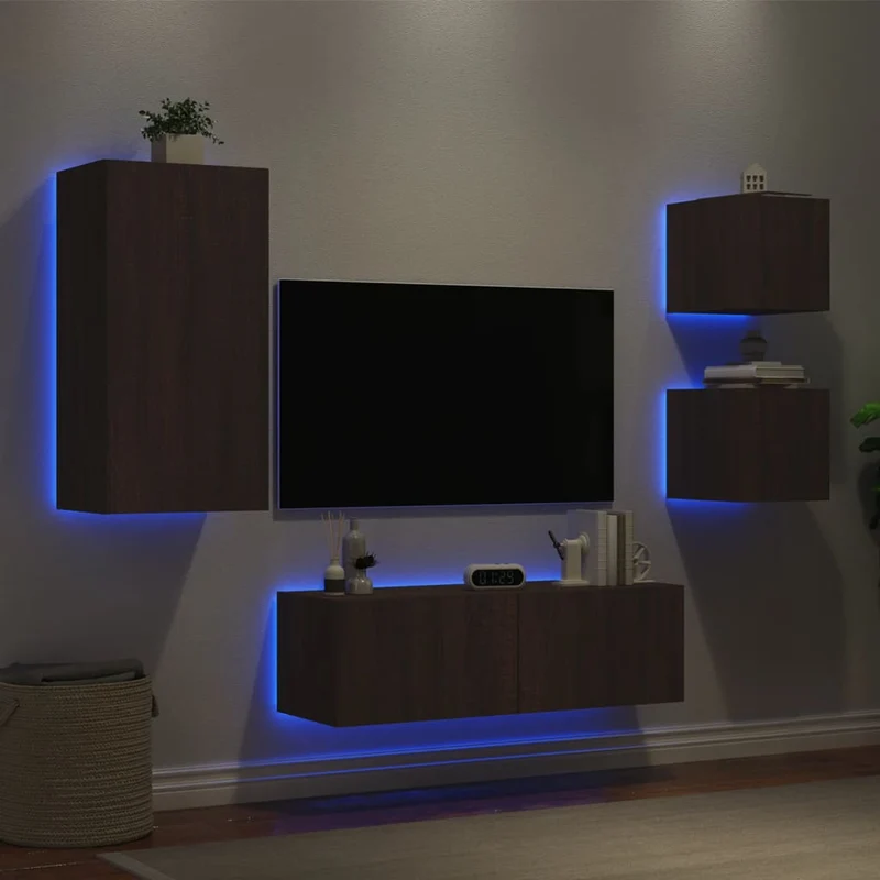 4-osainen TV-seinäkaappisarja LED-valoilla ruskea tammi