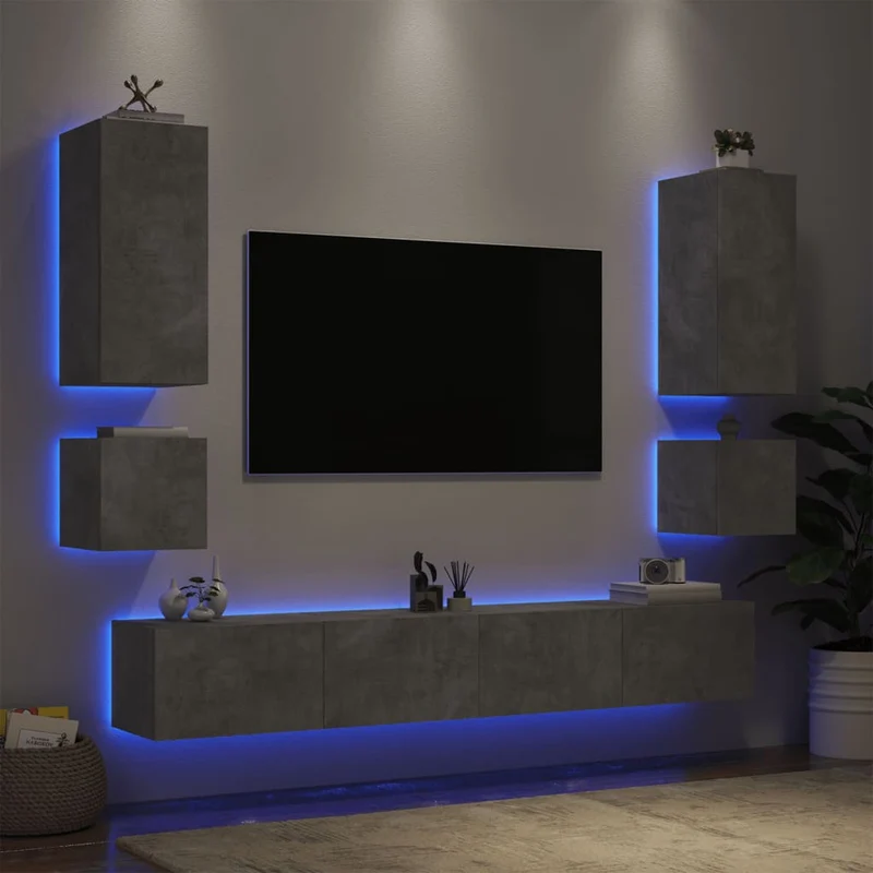 6-osainen TV-seinäkaappisarja LED-valoilla betoninharmaa