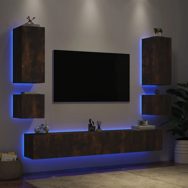 6-osainen TV-seinäkaappisarja LED-valoilla savutammi