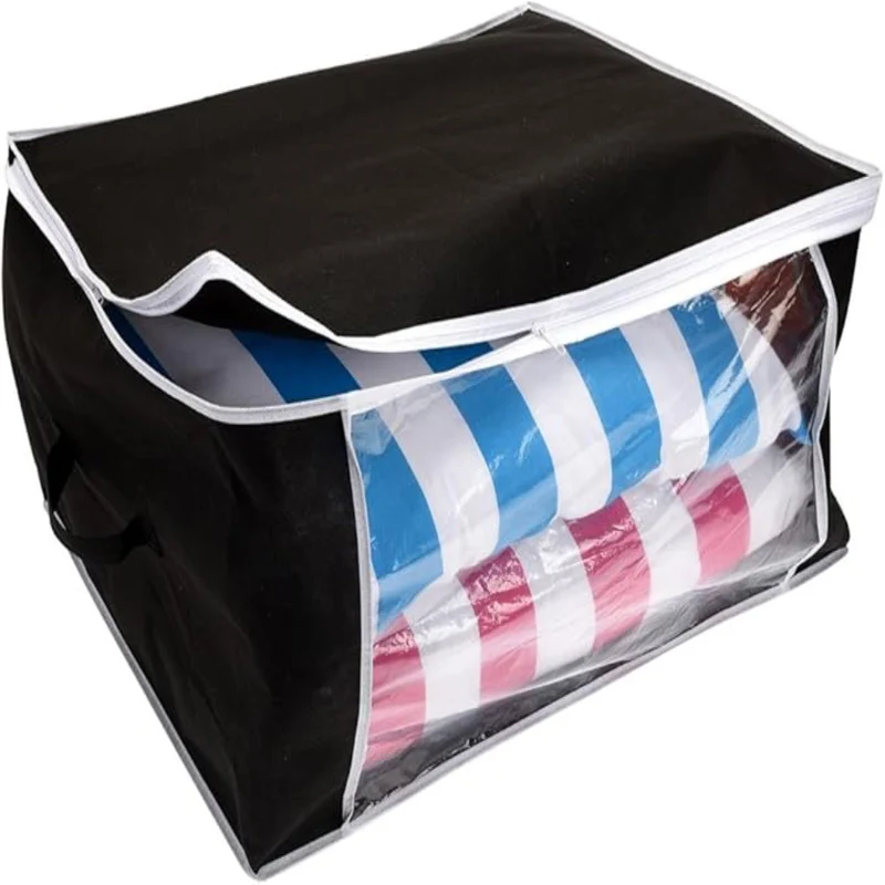 Scatola cambio stagione box in tessuto per abiti e biancheria con finestra trasparente e maniglia Nero / 60 x 45 x 30