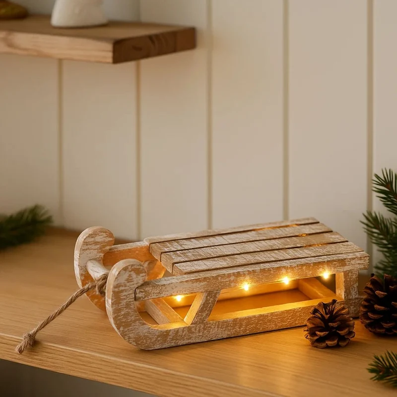 Świąteczna dekoracja drewniana z LED, sanie, 32 x 25 x 11 cm