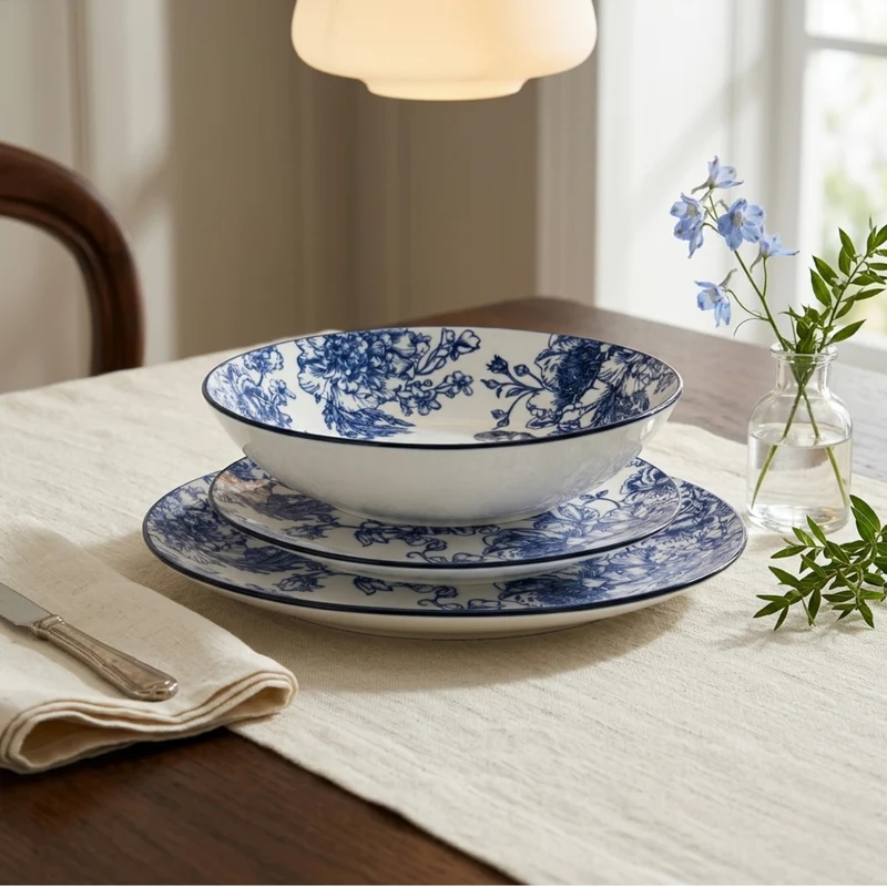 Zestaw ozdobnych talerzy z nadrukiem kwiatowym GLAMT, 18 sztuk, porcelanowych