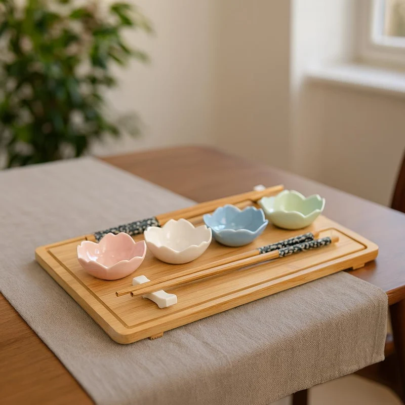 Zestaw do serwowania sushi z 4 porcelanowymi miseczkami